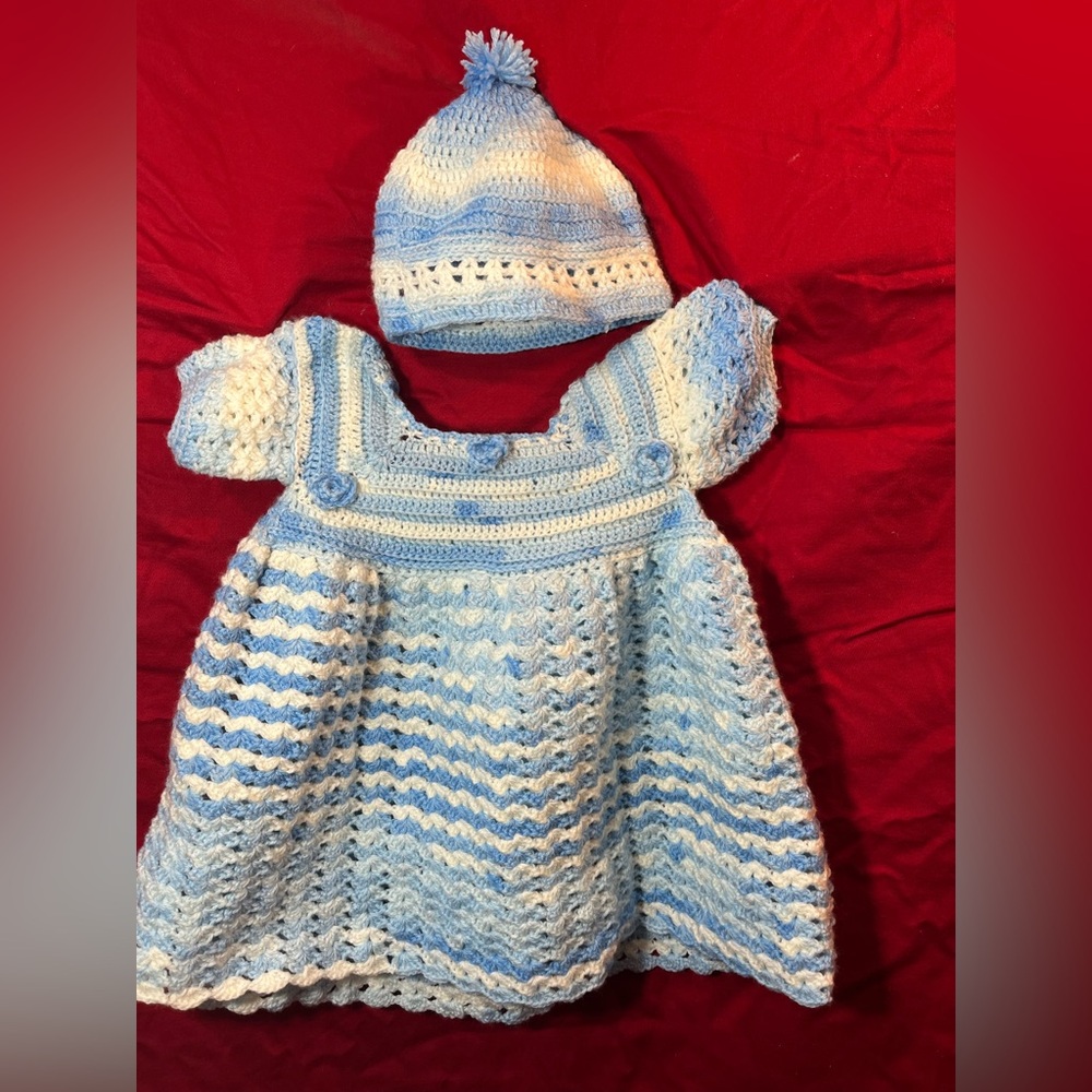 Handmade by Grandma baby matching Crochet Dress and hat set in Blues  shades